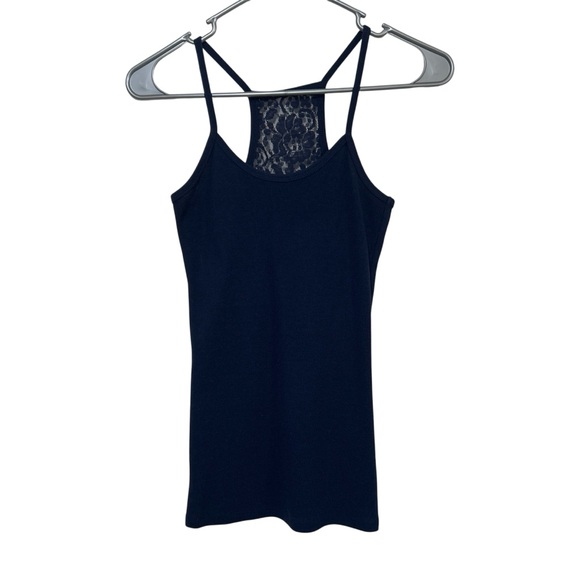 No Boundaries Tops - No Boundaries Navy Blue Ribbed Racerback Tank Top with Floral Lace Back Inset